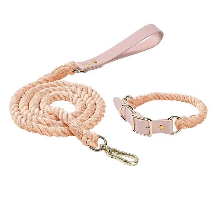 Set Premium Collar + Correa de Cuerda y Cuero Cotton Coral